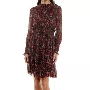 Taylor Black Maroon Print Long Sleeve Chiffon Smocked Waist Dress Size 6